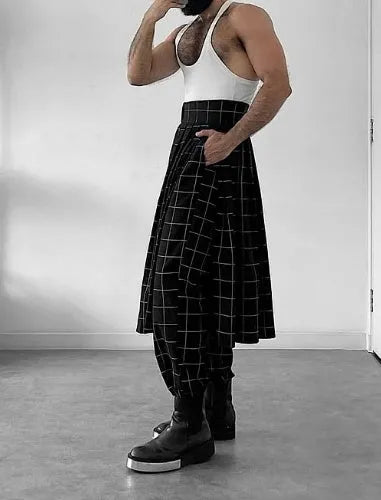 Men's plaid trousers with a full apron panel attached to the front, in a tartan pattern.