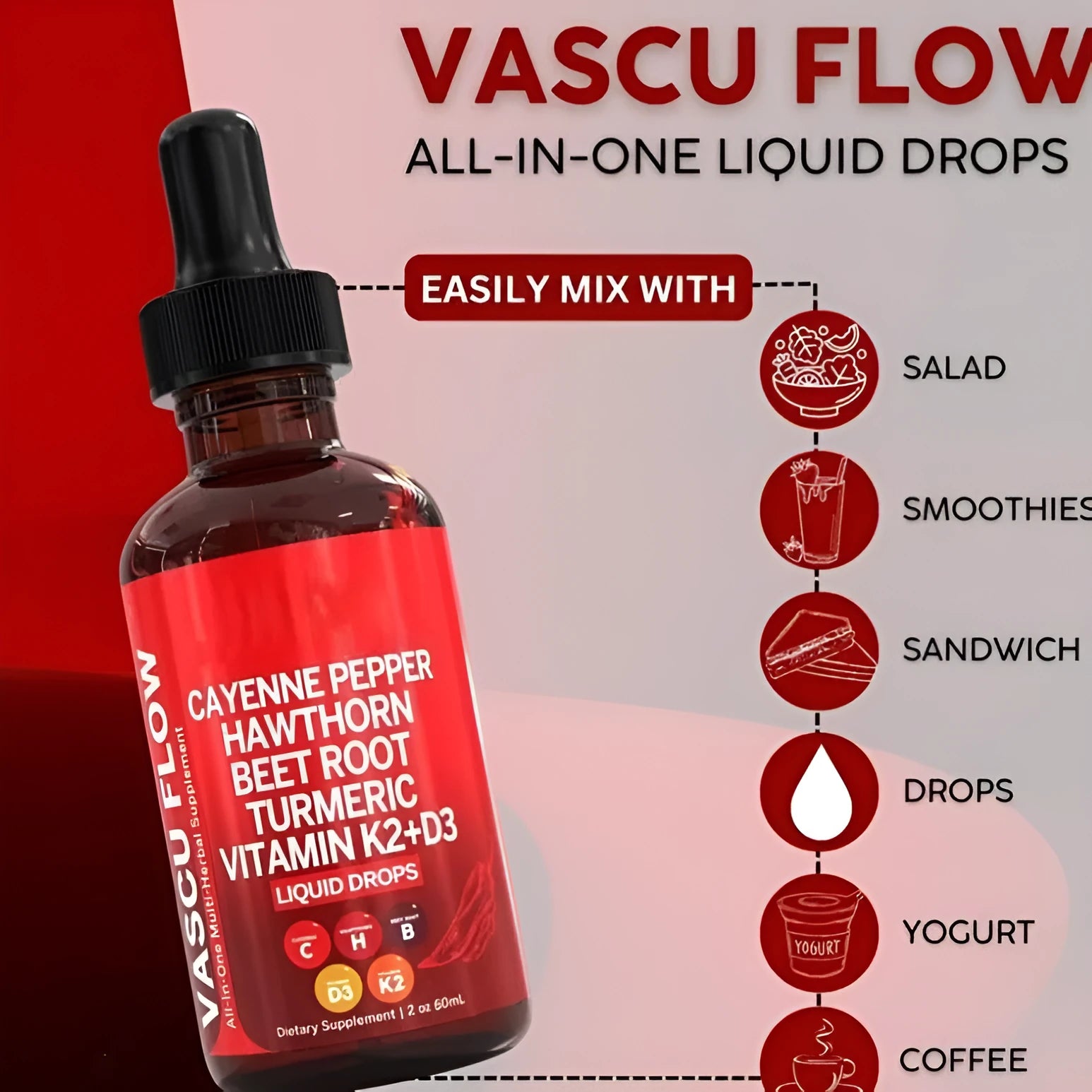 60ml bottle of Vitamin D3 and K2 liquid drops with hawthorn fruit extract and a dropper.