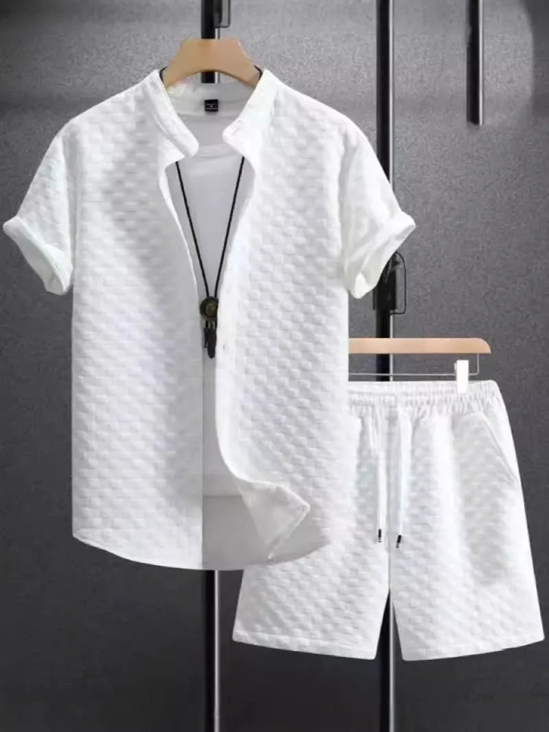 Men's jacquard pattern short sleeve shirt and matching shorts suit set in neutral colour