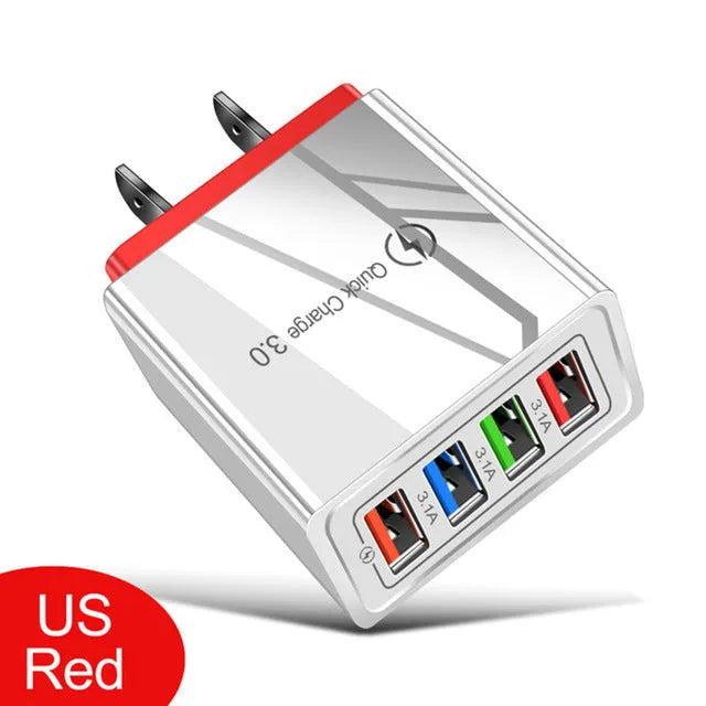 Multi-port USB charging head with four ports, PC+ABS housing in black, white, and blue options