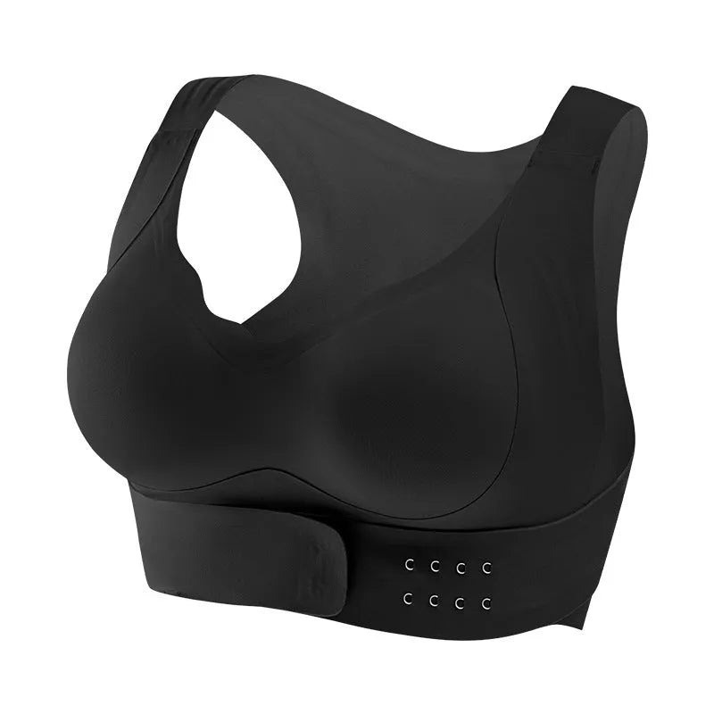 Women's cross design exercise bra with front buckle closure and back shaping in nylon fabric