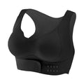 Women's cross design exercise bra with front buckle closure and back shaping in nylon fabric