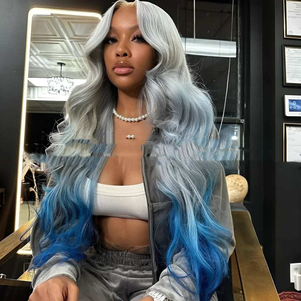 Gradient grey blue human hair lace front wig with 4x4 construction showing colour blend