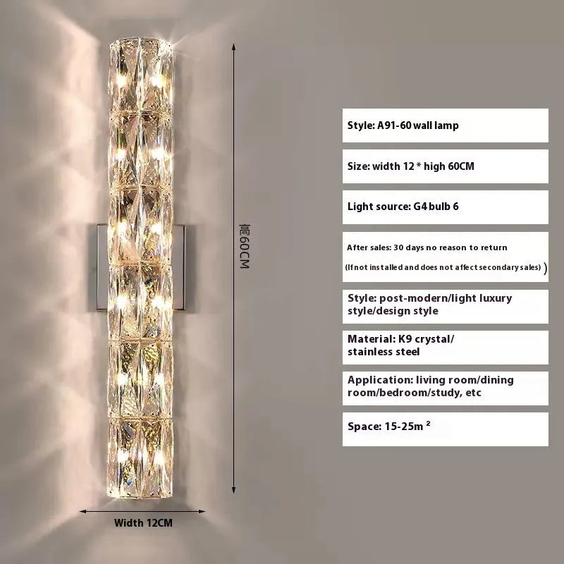 Crystal wall lamp with LED tri-colour light in chrome or gold finish showing multiple size options