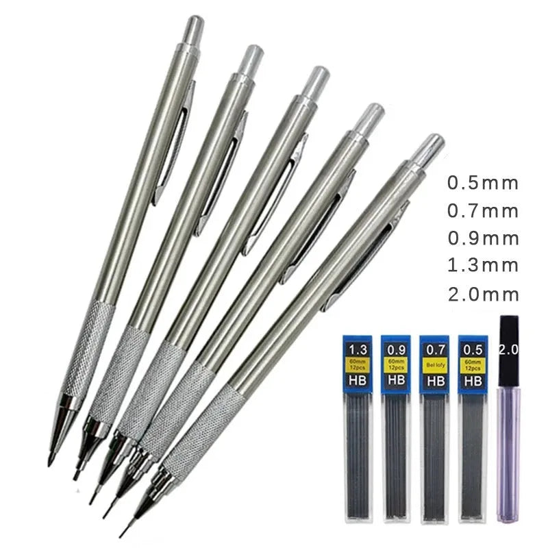 Metal automatic mechanical pencil compatible with five sizes of 2B lead refills.