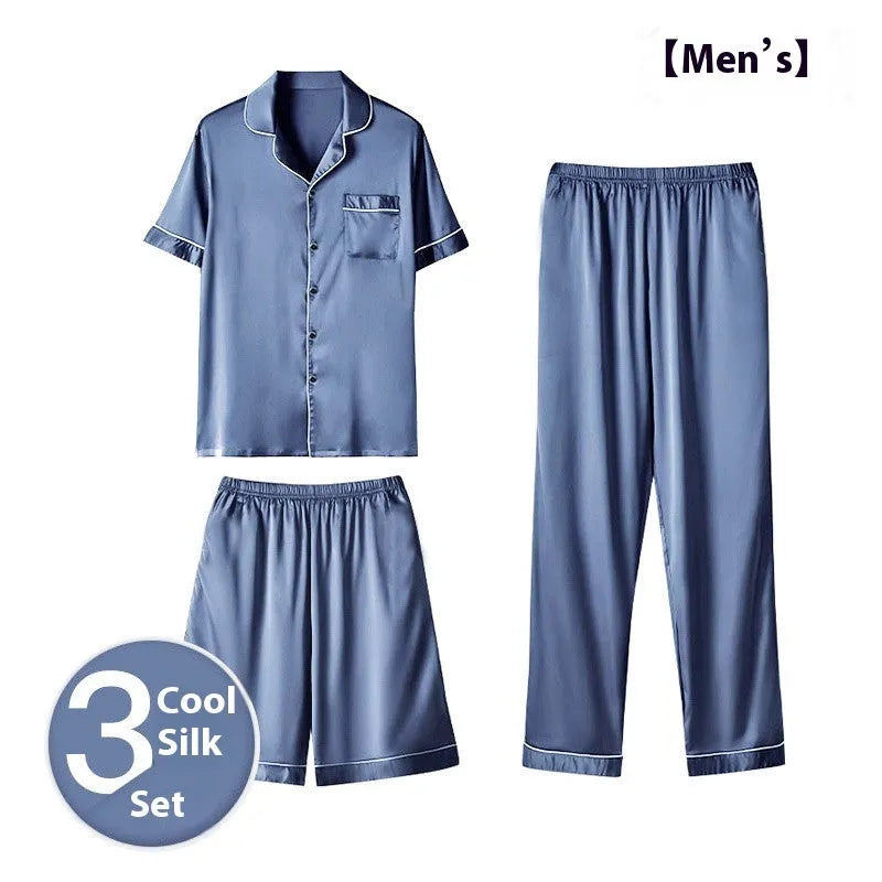 Men's thin ice silk three-piece home wear loungewear set in multiple colours, sizes up to 5XL.