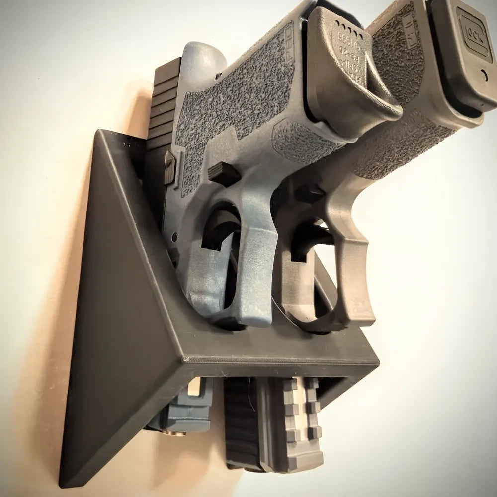 Black plastic pistol display stand for Nerf guns and collectible firearms
