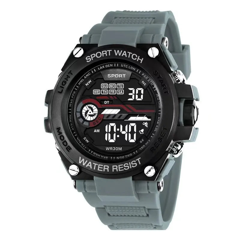 Digital electronic watch with adjustable strap shown in multiple colour options