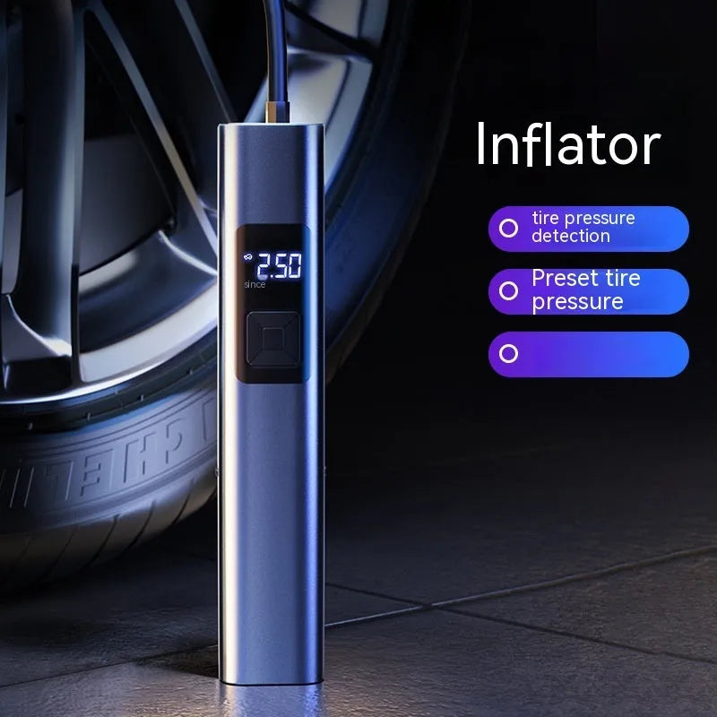 Wireless car air pump with digital display, vacuum cleaner attachment and emergency lighting functions