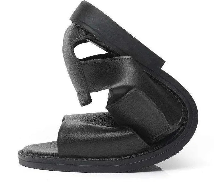 Men's black leather casual sandals with open toe and rubber sole on a white background
