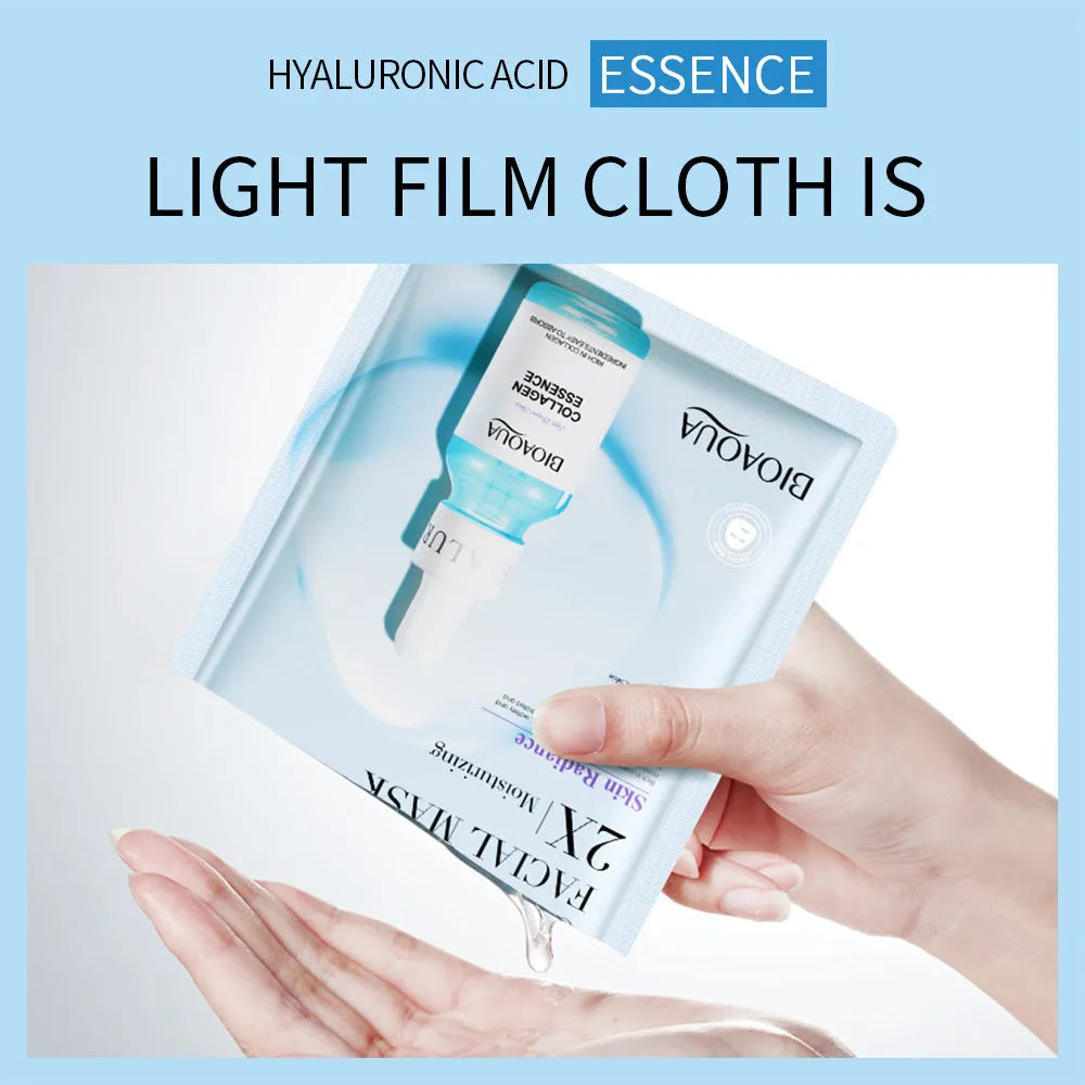 Single sheet of a white collagen face mask and a multi-pack box of 30g facial sheet masks.