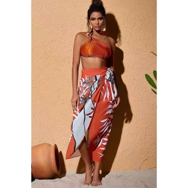Brown high waist push up bikini swimsuit with a split chiffon dress detail for women