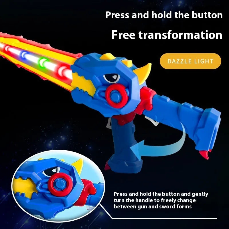 Transformers dinosaur toy with glowing sword in bright blue plastic, 15 cm size, on white background