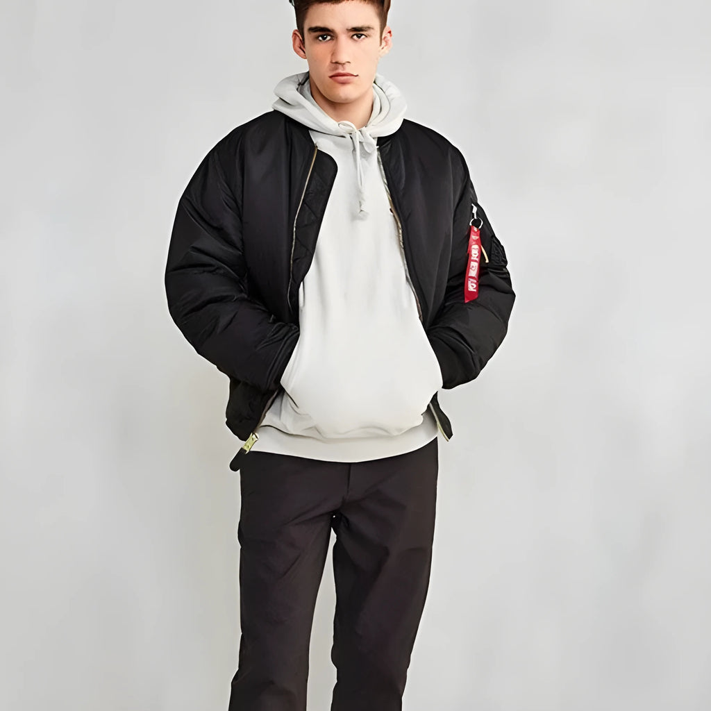 Men's army green loose-fit cotton-padded pilot jacket with double-sided wear-resistant nylon construction.