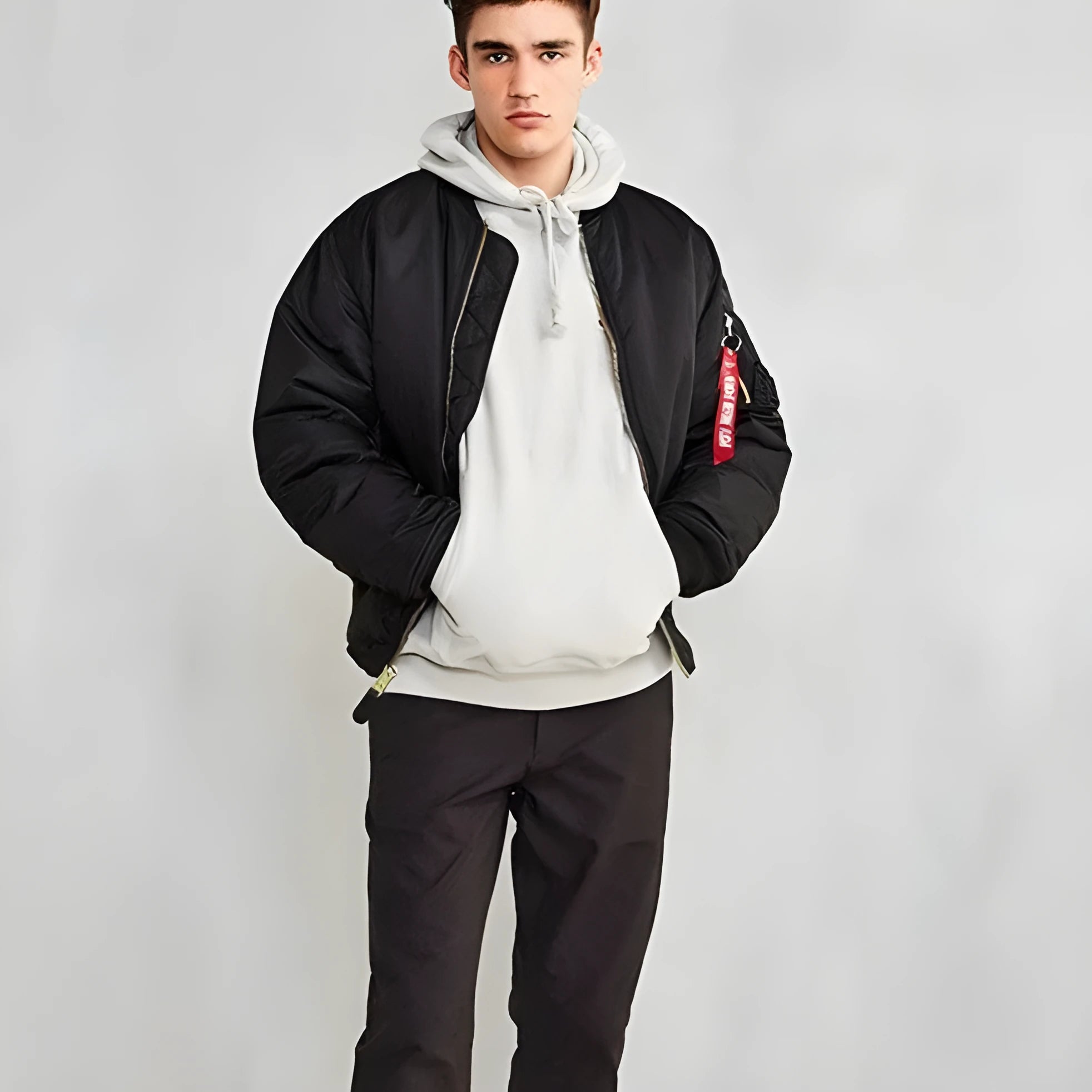 Men's army green loose-fit cotton-padded pilot jacket with double-sided wear-resistant nylon construction.