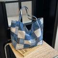 Women's large canvas tote bag in colour-contrast check plaid pattern, horizontal square shape, with slit pocket, in brown
