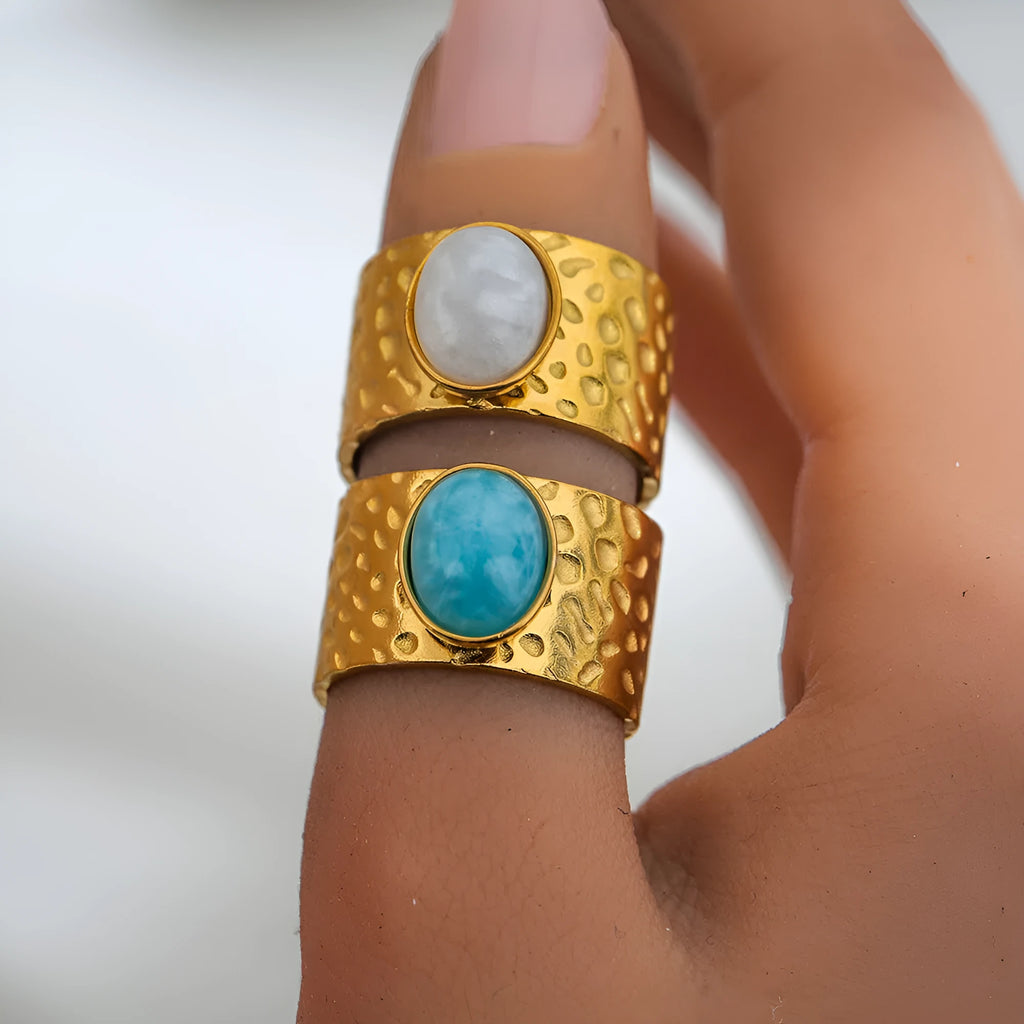 Natural stone open ring for women, leaf shape, stainless steel, electroplated finish, round stone, Ins style