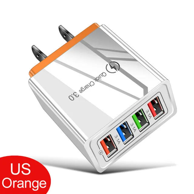 Multi-port USB charging head with four ports, PC+ABS housing in black, white, and blue options