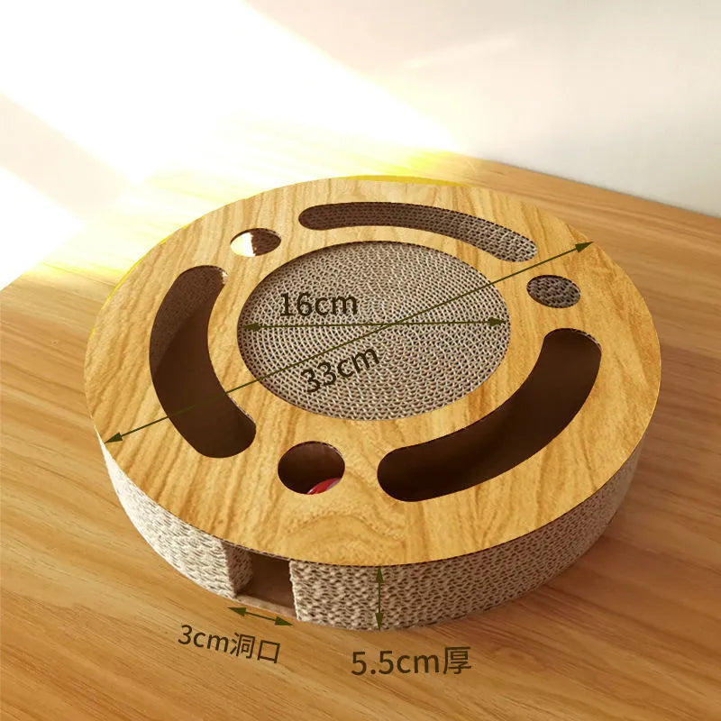 Cat scratching board toy with corrugated paper surface and plastic ball in multiple style options