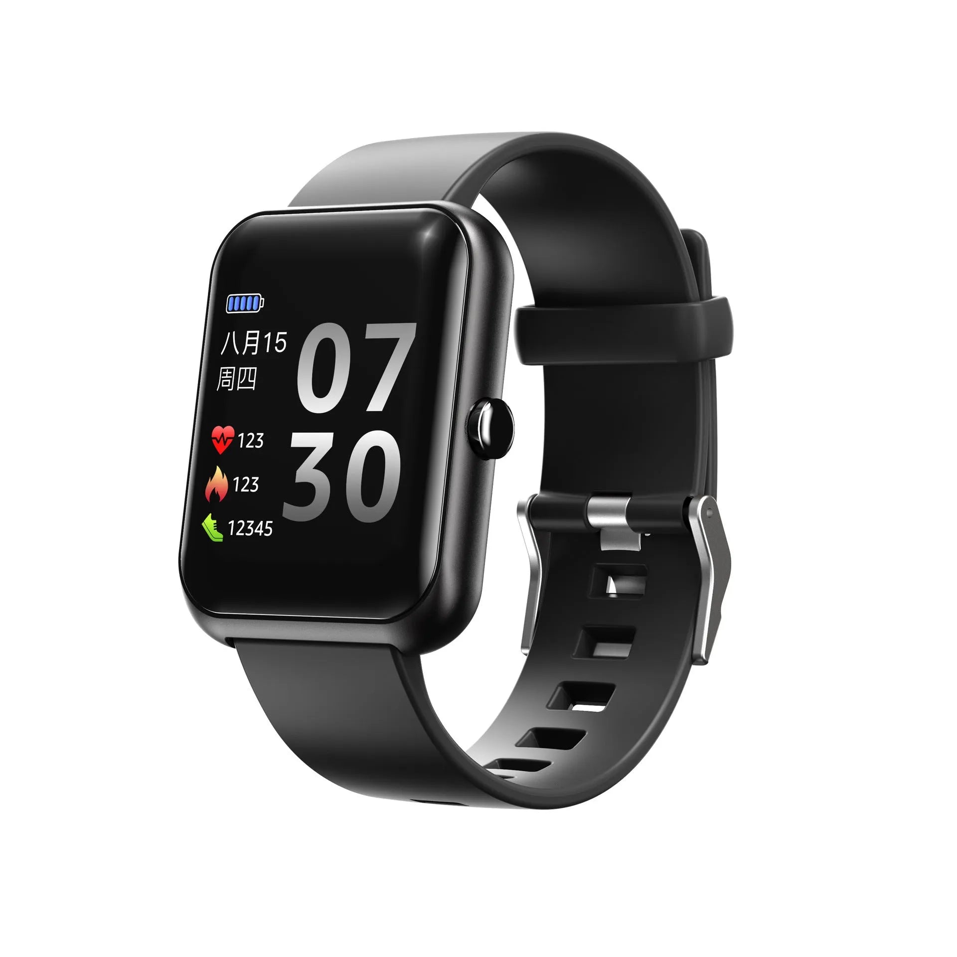 Square smartwatch with silicone strap and aluminium case in multiple colours