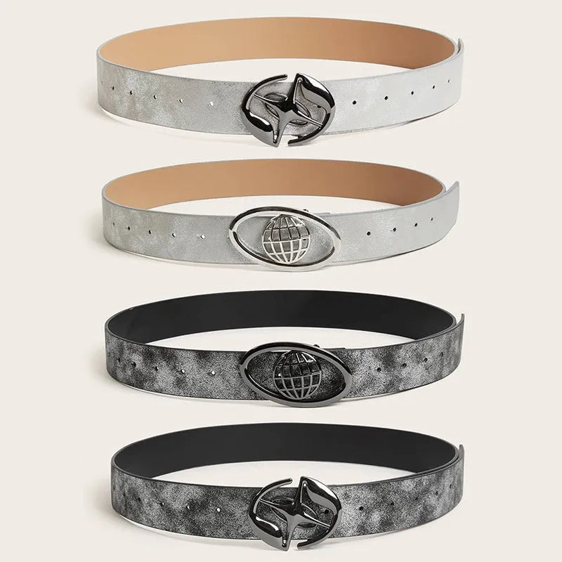 Women's wide retro belt with oval buckle in earth tone grey white colour