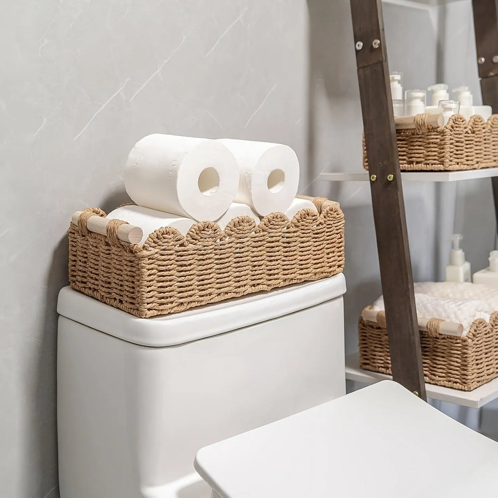 Woven paper storage basket in rectangular shape for desktop organisation