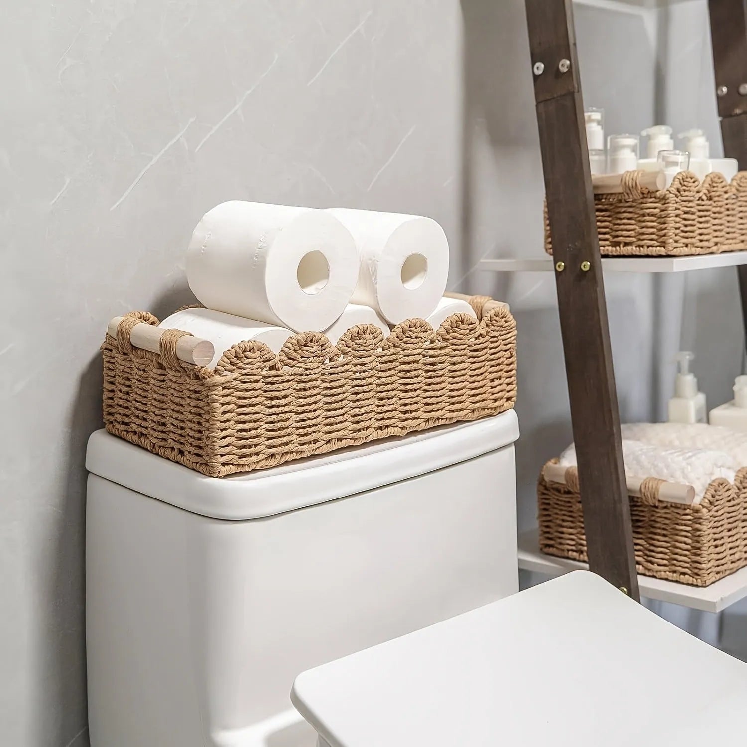 Woven paper storage basket in rectangular shape for desktop organisation