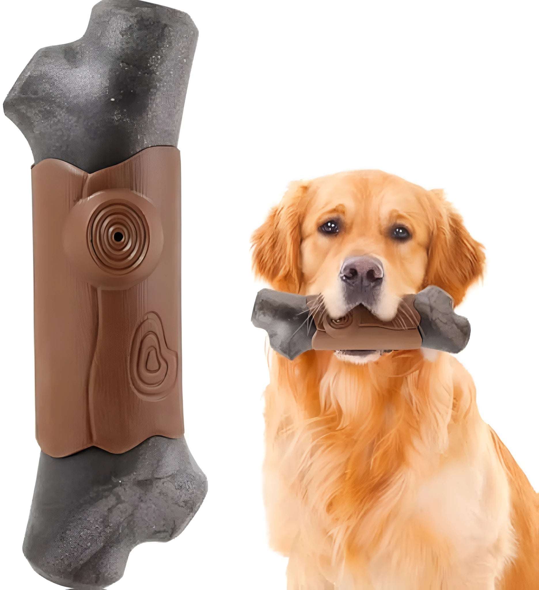 Large, branch-shaped bacon-flavoured dog chew toy with squeaker for aggressive chewing dogs.