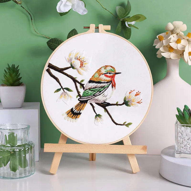 Flower and bird hanging painting embroidery DIY kit with chintz fabric, threader, scissors, and 20cm bamboo frame
