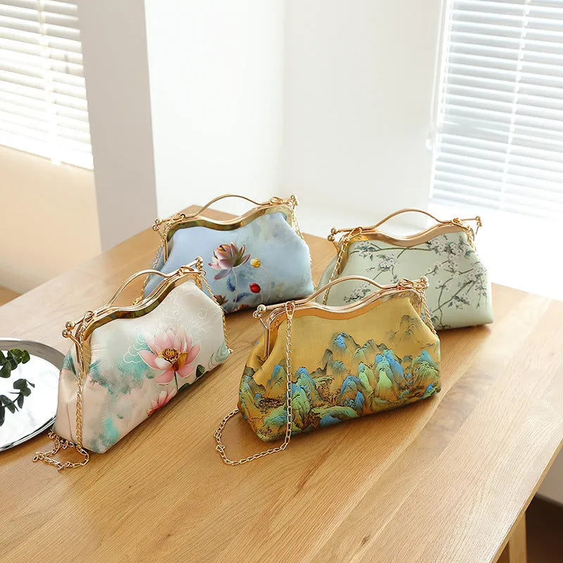 High-end ethnic style tote clutch bag for women – polyester shell shape with printed literary pattern and zipper change pocket, multiple colour options