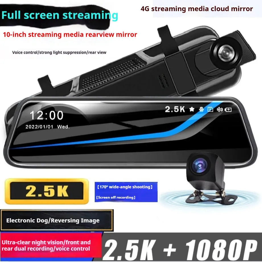 HD 1080p dual lens rearview mirror recorder with 9.66-inch touch screen showing front and rear video
