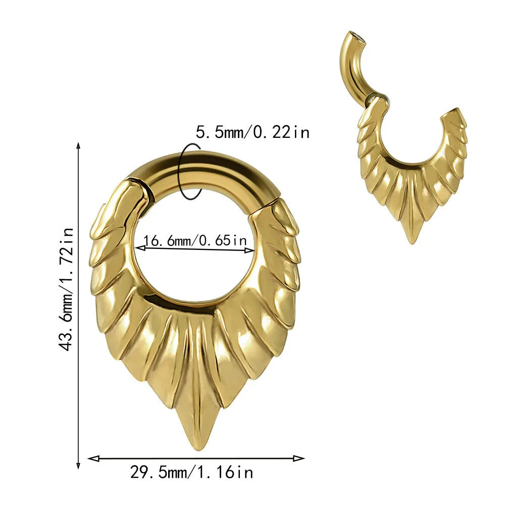 Stainless steel drop-shaped ear extender with round hanging egg and totem pattern detail.