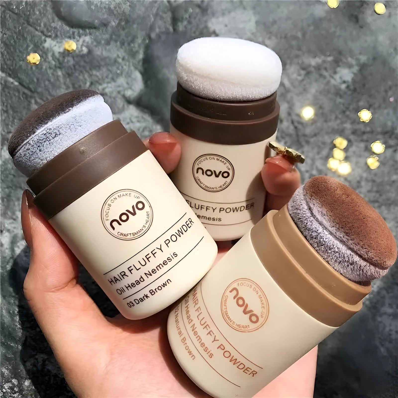 Mattifying hair and face powder for oil control on bangs, available in three shades