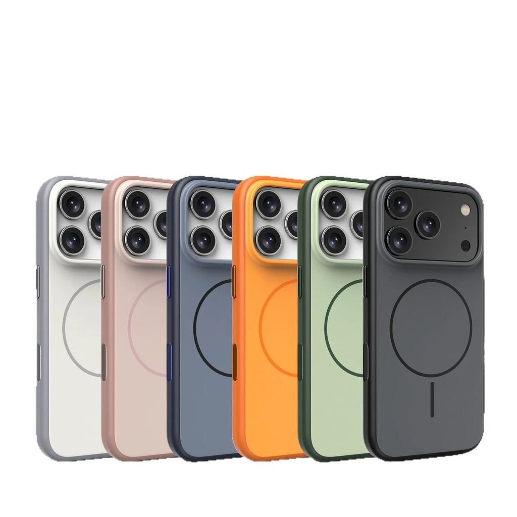 Frosted magnetic phone case for iPhone with a contrasting coloured AI photography button on the side.