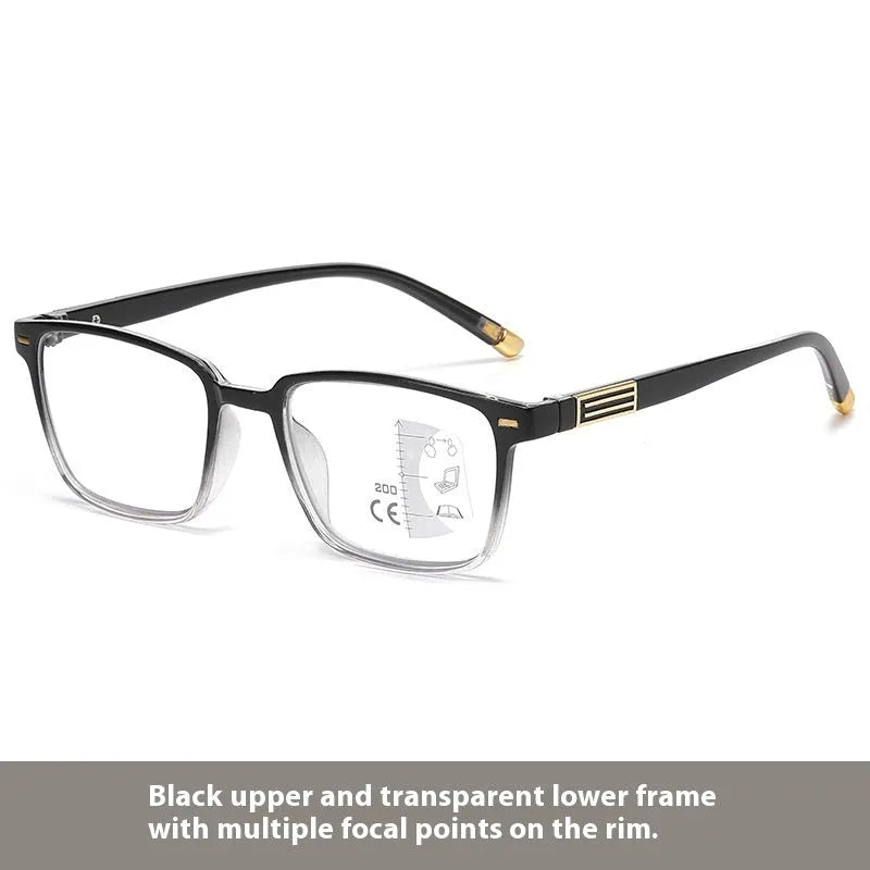 Multifocal reading glasses with anti-blue-light and colour-changing lenses in a black and silver frame.
