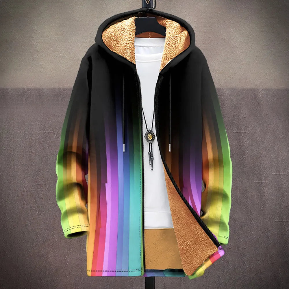 Men's hooded zip-front cardigan with multicolour digital print pattern in loose fit
