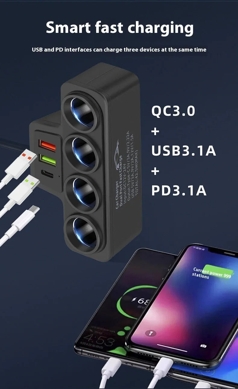 Car-mounted multi-function fast charging universal cigarette lighter with dual USB ports QC and PD support, 120W output