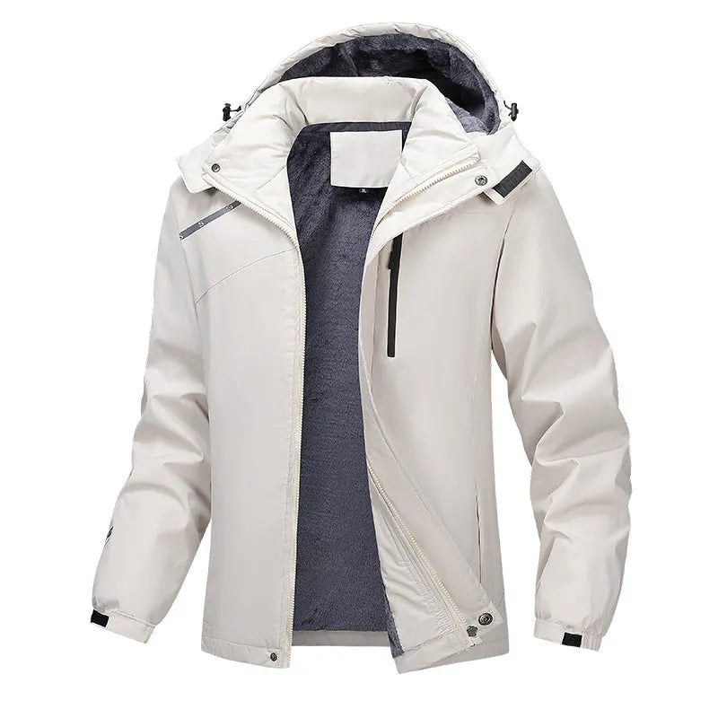 Men's plus size loose fit hooded coat in army green, showing front view with zipper and hood.