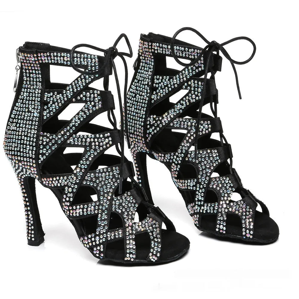 Women's high-top lace-up jazz dance shoes in black, fish mouth toe, fabric upper, 6-8cm heel