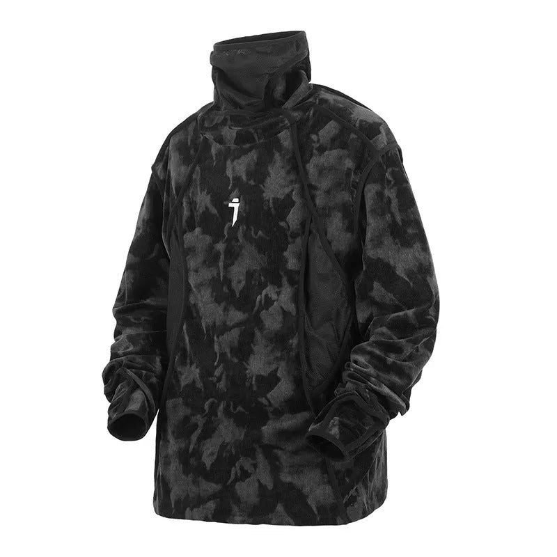 Men's black tie dye finger print turtleneck sweater with drop shoulders and loose casual fit