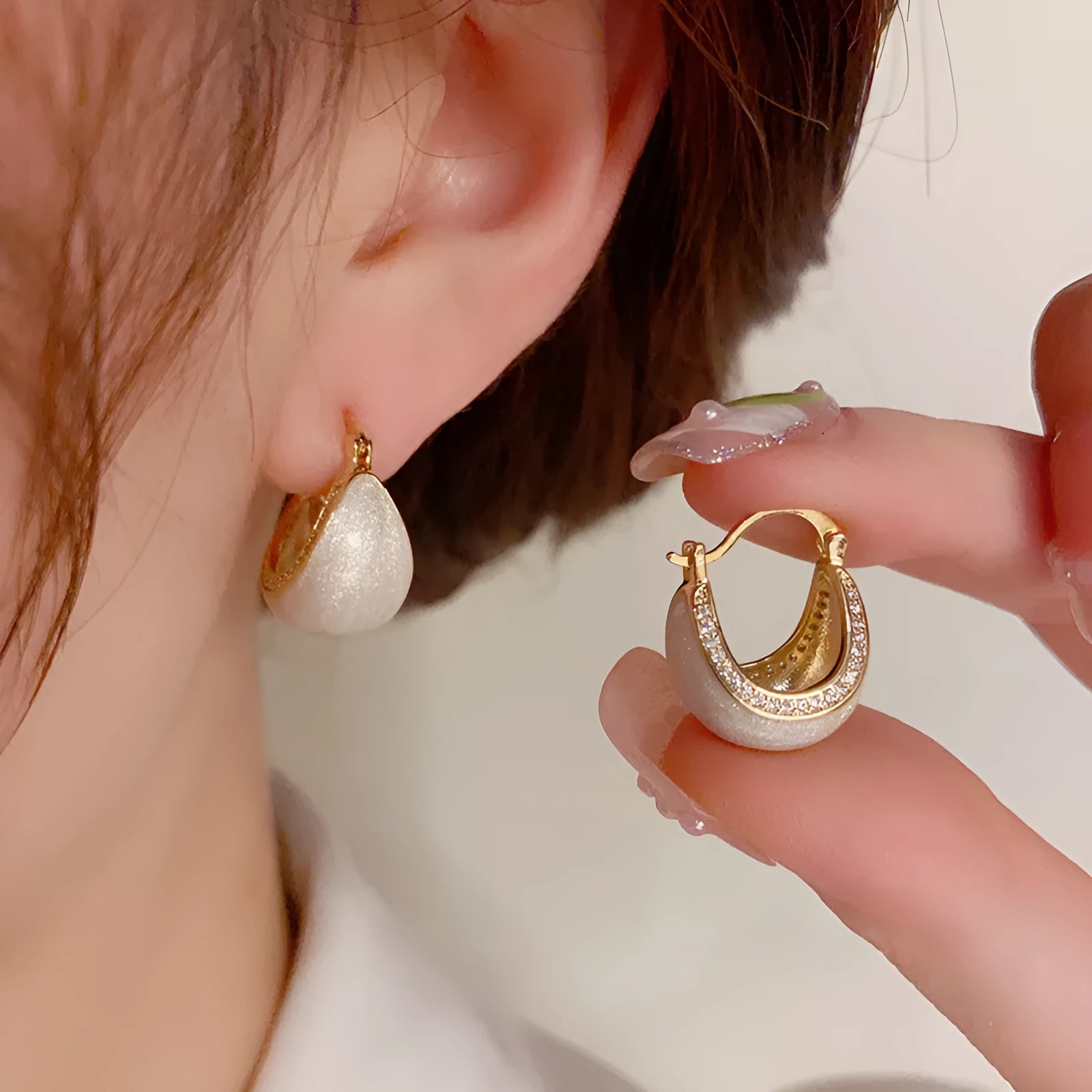 Copper micro-inlaid drip ear buckle earrings with thick real gold plating, retro geometric style