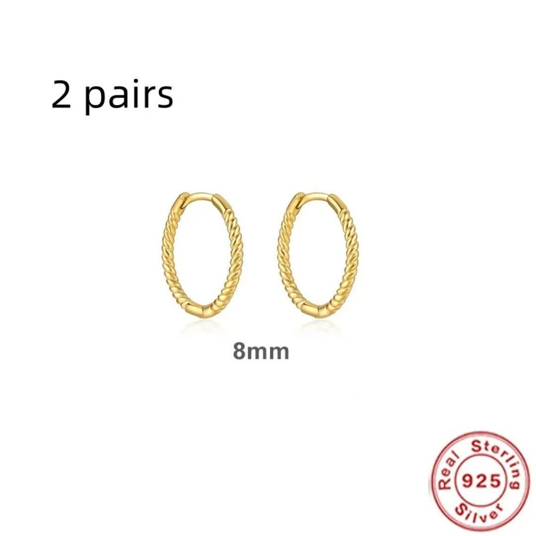 S925 Sterling Silver twisted string round ring earrings in gold or white gold plating, showing geometric design.