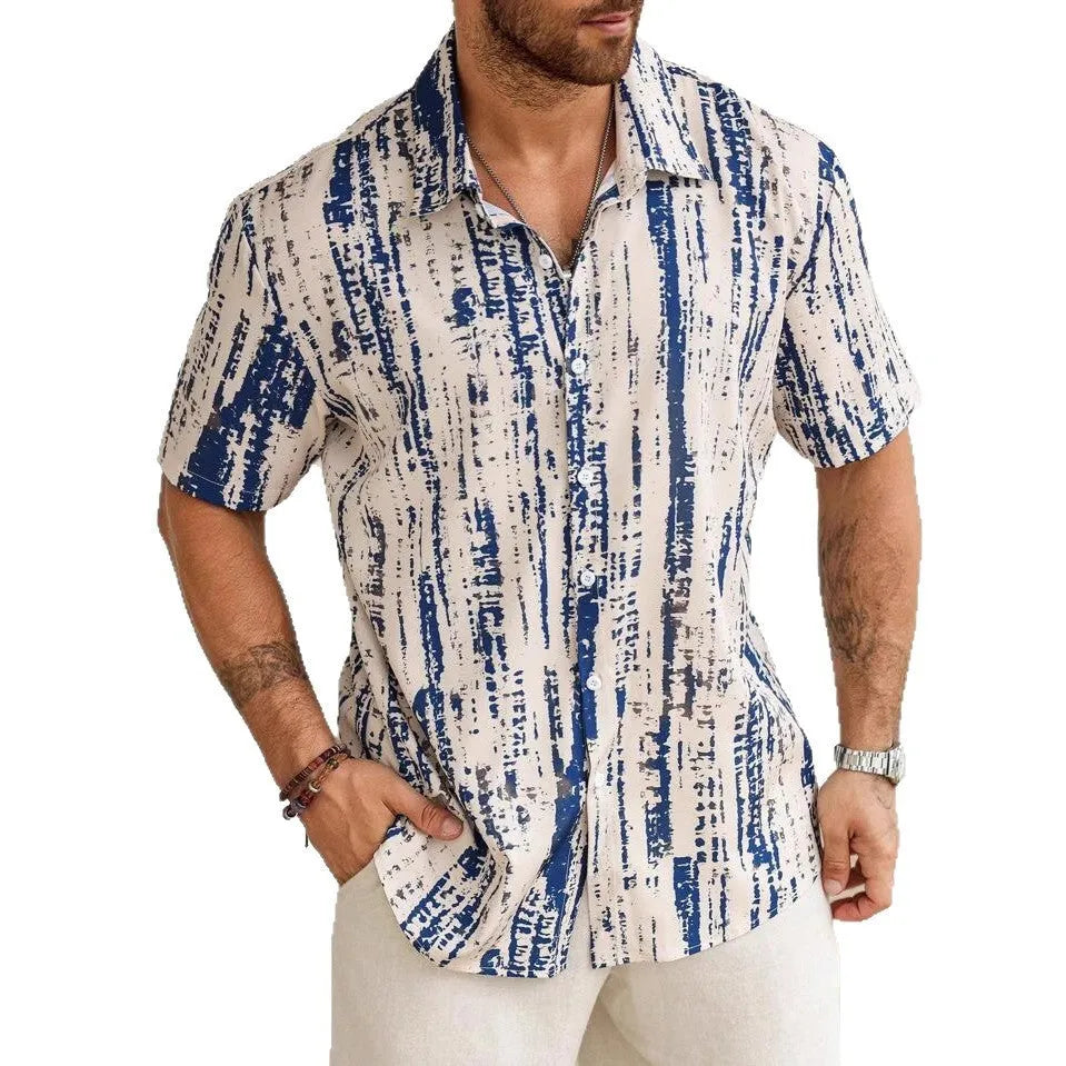 Men's 3D printed short sleeve shirt in striped pattern with anti-wrinkle polyester fabric