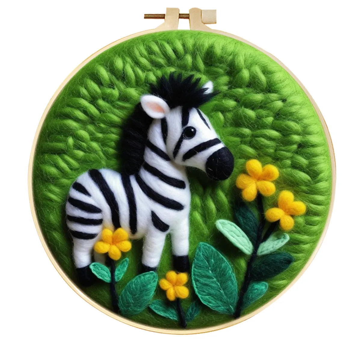Round 20x20 cm linen embroidery kit with wool felt pieces for floral design and included embroidery frame.
