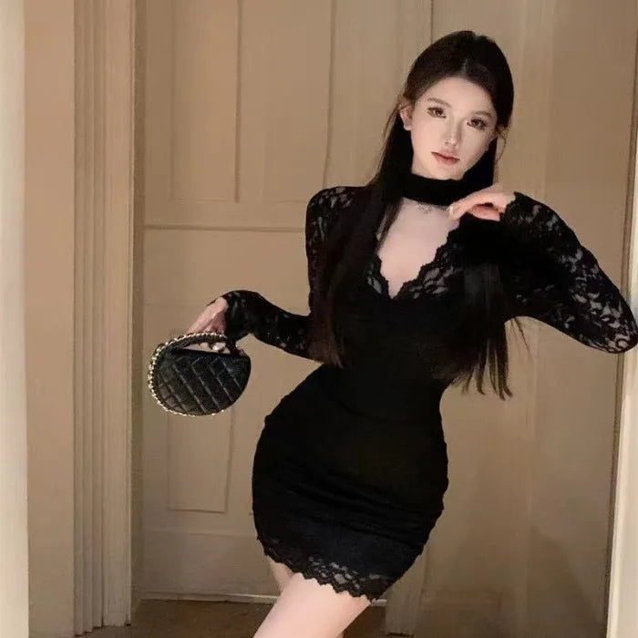 Women's halter lace dress with hip wrap and inner skirt in A-line silhouette