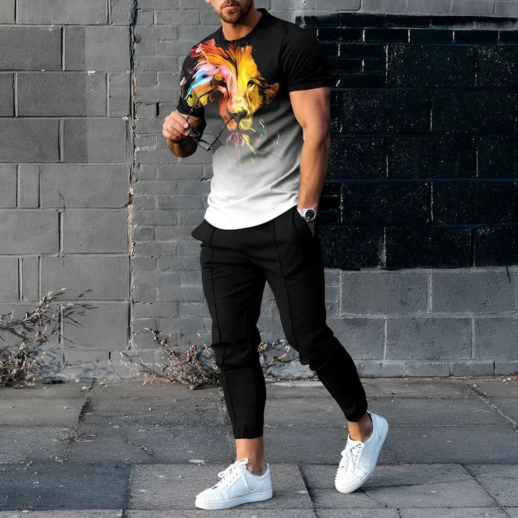 Men's slim-fit two-piece sports suit with short sleeve printed t-shirt and matching trousers in polyester blend fabric