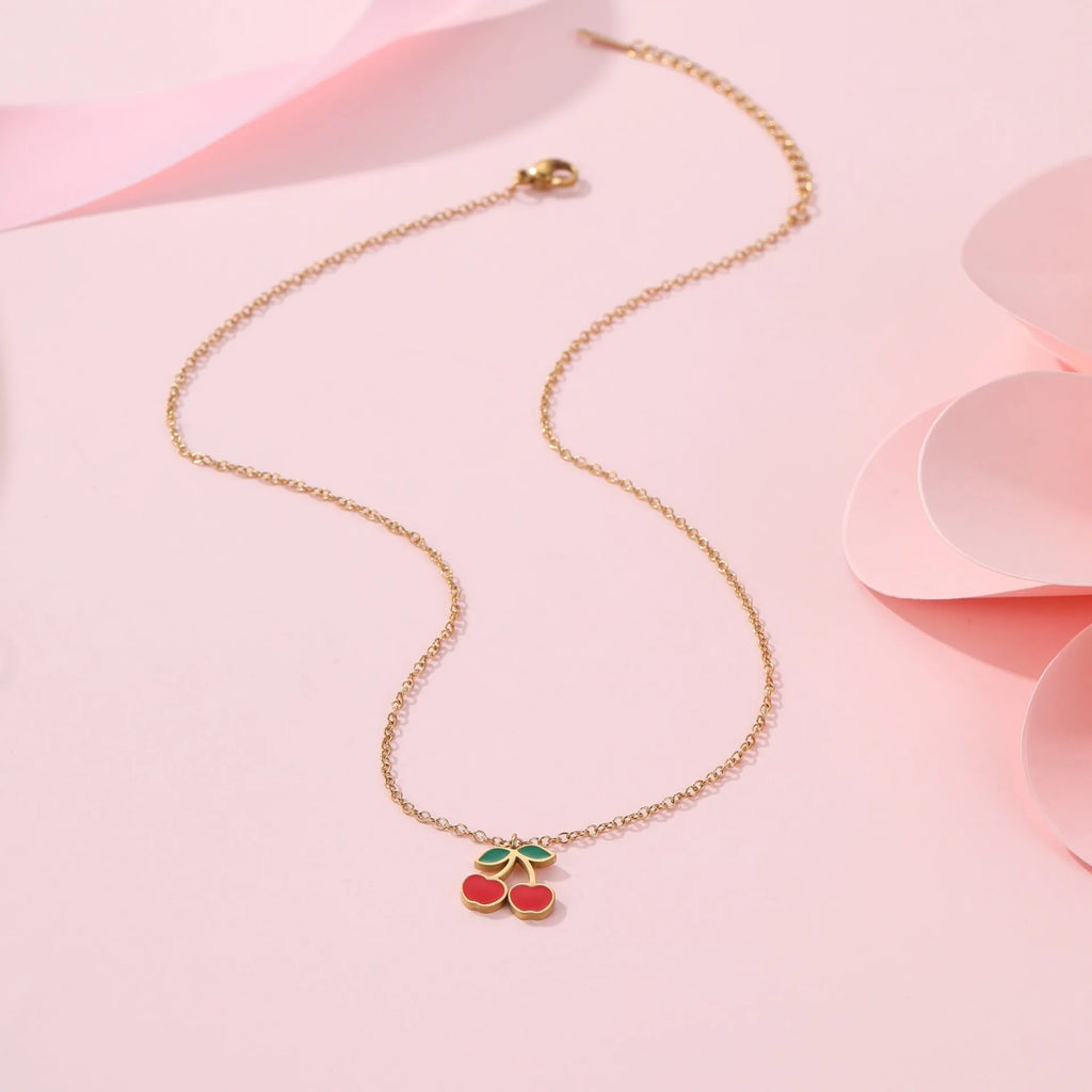 Cherry jewellery set with necklace, bracelet, earrings and ring in stainless steel with 18K electroplated finish