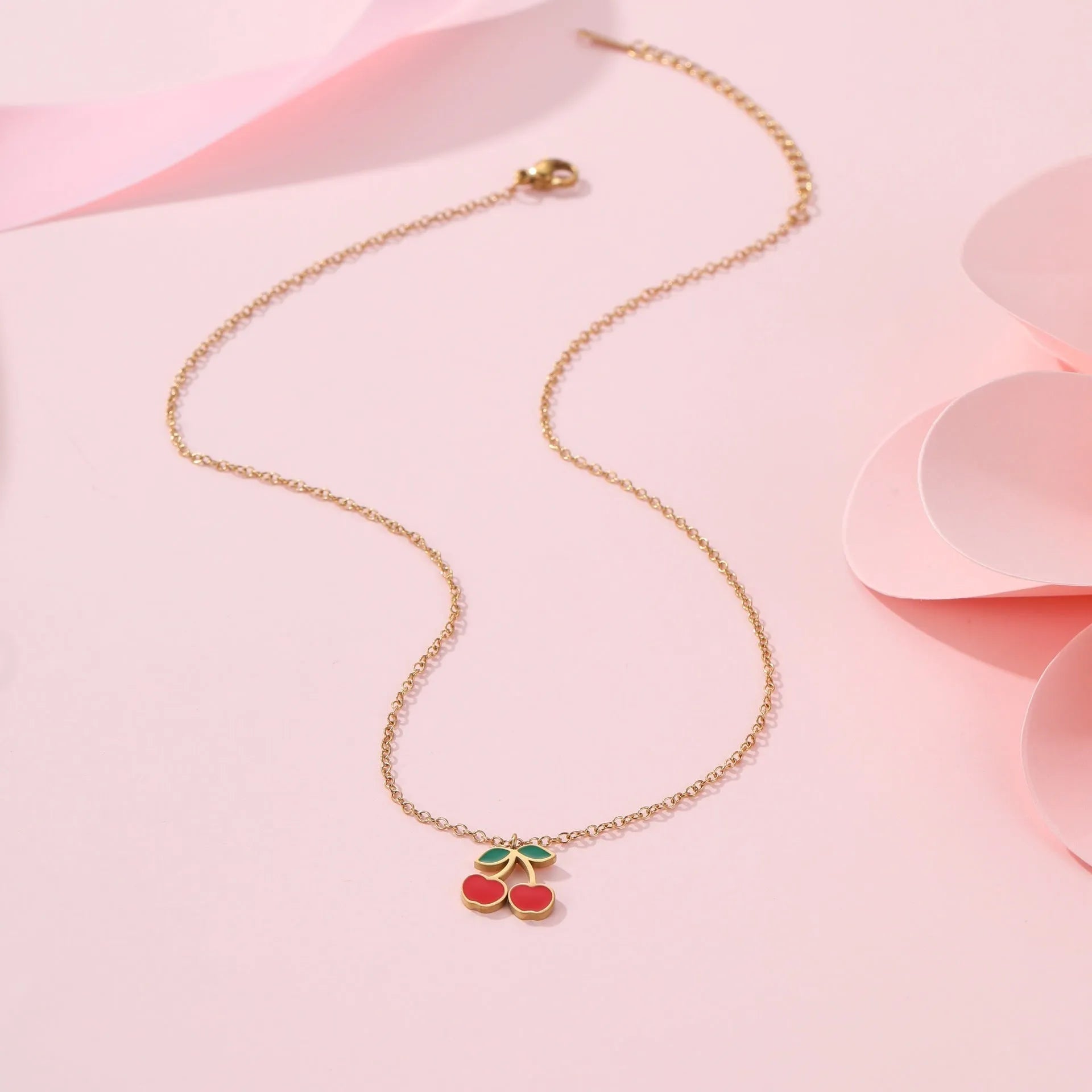 Cherry jewellery set with necklace, bracelet, earrings and ring in stainless steel with 18K electroplated finish