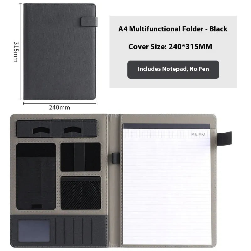 Leather A4 business folder in black showing document, pen, and notepad compartments