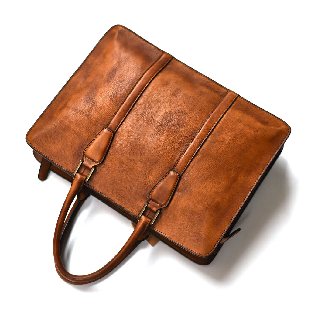 14 inch khaki vegetable tanned leather men's horizontal square handbag with zipper